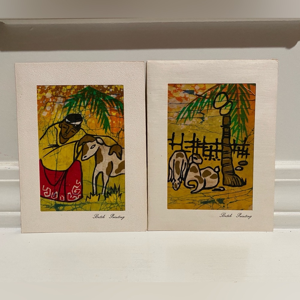 2 Vintage Colorful Batik Art Paintings 6 x 4 1/2 including matting